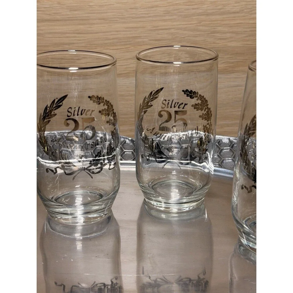 Vintage Glass Silver 25th Anniversary Set of 4 Drinking Glasses 5”
